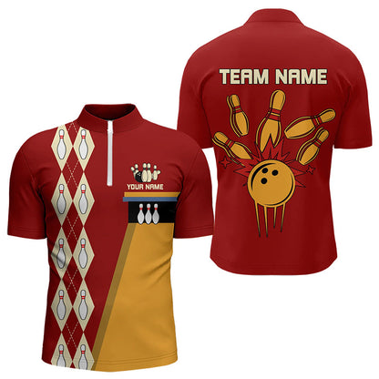 Red & Yellow Retro Bowling Polo, Quarter Zip shirt for Men Custom vintage team bowling jersey NQS9579