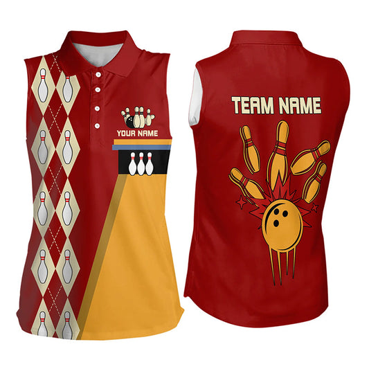 Red & Yellow Retro Women Sleeveless Polo Shirt Custom vintage team bowling jersey NQS9579
