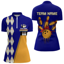 Load image into Gallery viewer, Blue &amp; Yellow Retro Bowling Polo, Quarter Zip shirt for Women Custom vintage team bowling jersey NQS9583