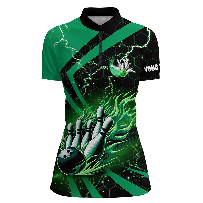 Black and Green flame bowling custom Women bowling Quarter Zip Shirt, team bowling jerseys, bowl gifts NQS7513