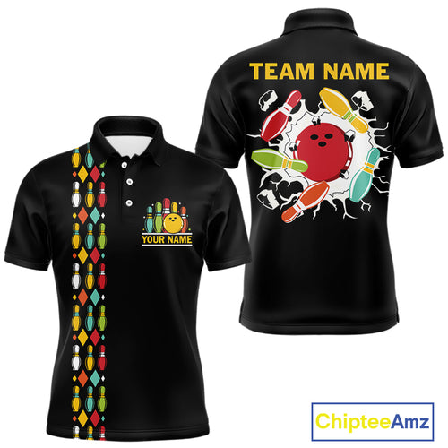 Personalized Black and Colorful Retro Bowling Polo, 1/4 Zip Team Shirts For Men Custom Bowling Gifts NQS11106