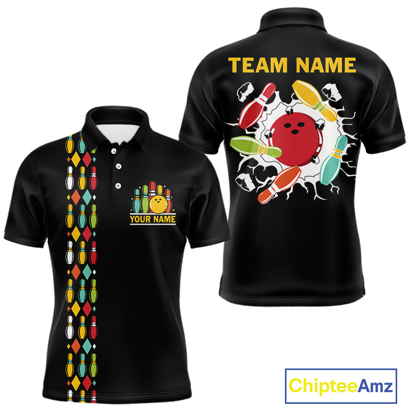 Personalized Black and Colorful Retro Bowling Polo, 1/4 Zip Team Shirts For Men Custom Bowling Gifts NQS11106