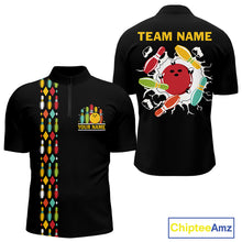 Load image into Gallery viewer, Personalized Black and Colorful Retro Bowling Polo, 1/4 Zip Team Shirts For Men Custom Bowling Gifts NQS11106