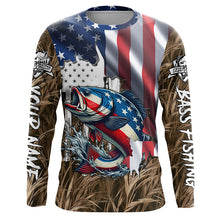 Load image into Gallery viewer, American flag patriotic Largemouth Bass camo fishing, custom mens long sleeve shirts NQS1476