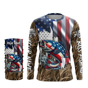 American flag patriotic Largemouth Bass camo fishing, custom mens long sleeve shirts NQS1476