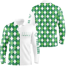 Load image into Gallery viewer, Mens golf polo shirts green and white argyle plaid pattern custom mens golf wear NQS5019