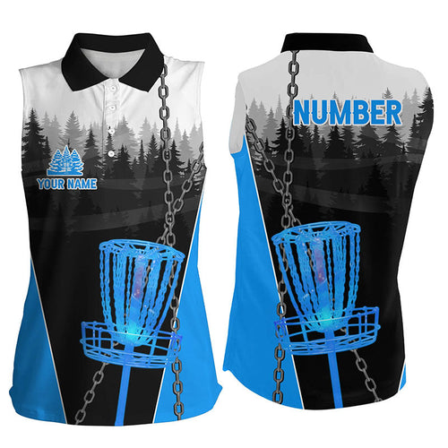 Women sleeveless polo shirts custom black chain disc golf jerseys, disc golf outfit | Blue NQS7517