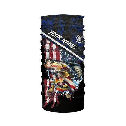 American Flag Walleye fishing blue camo Custom Name UV Protection Fishing Shirts NQS3641