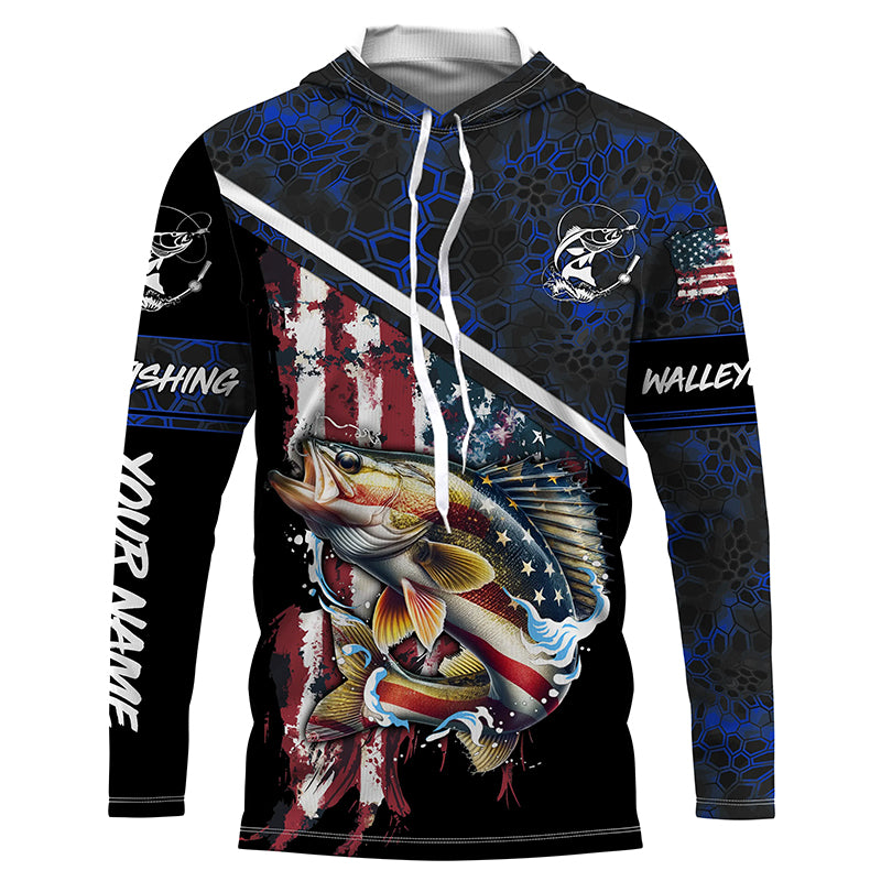 American Flag Walleye fishing blue camo Custom Name UV Protection Fishing Shirts NQS3641