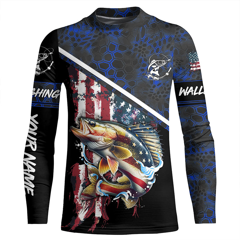 American Flag Walleye fishing blue camo Custom Name UV Protection Fishing Shirts NQS3641