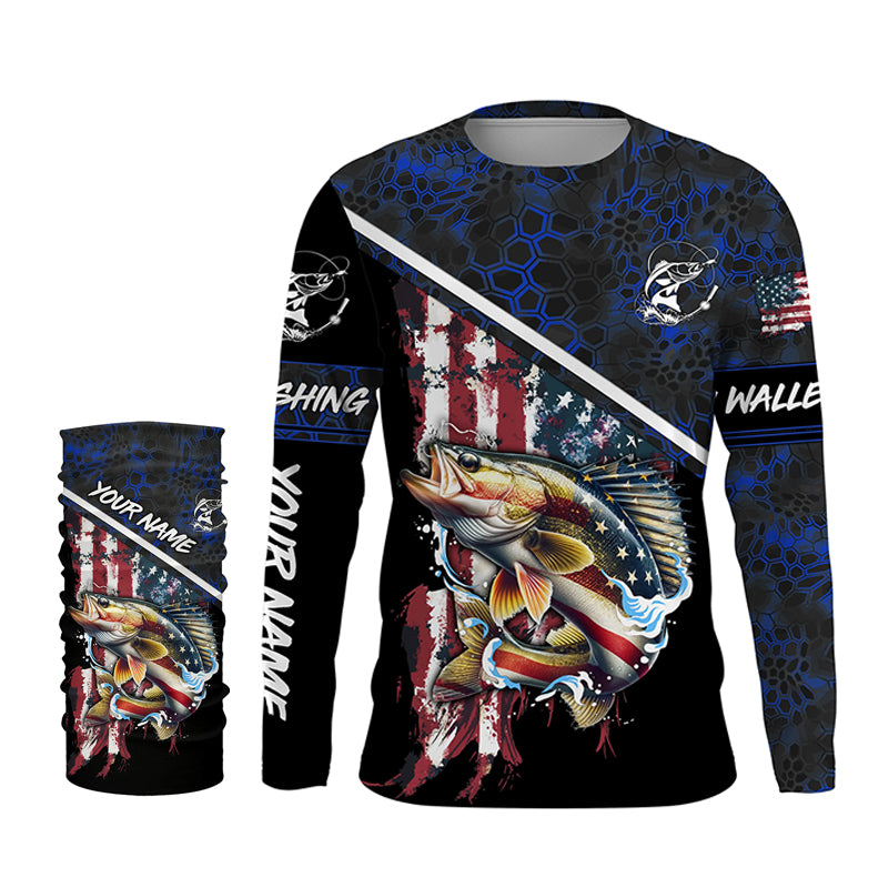American Flag Walleye fishing blue camo Custom Name UV Protection Fishing Shirts NQS3641