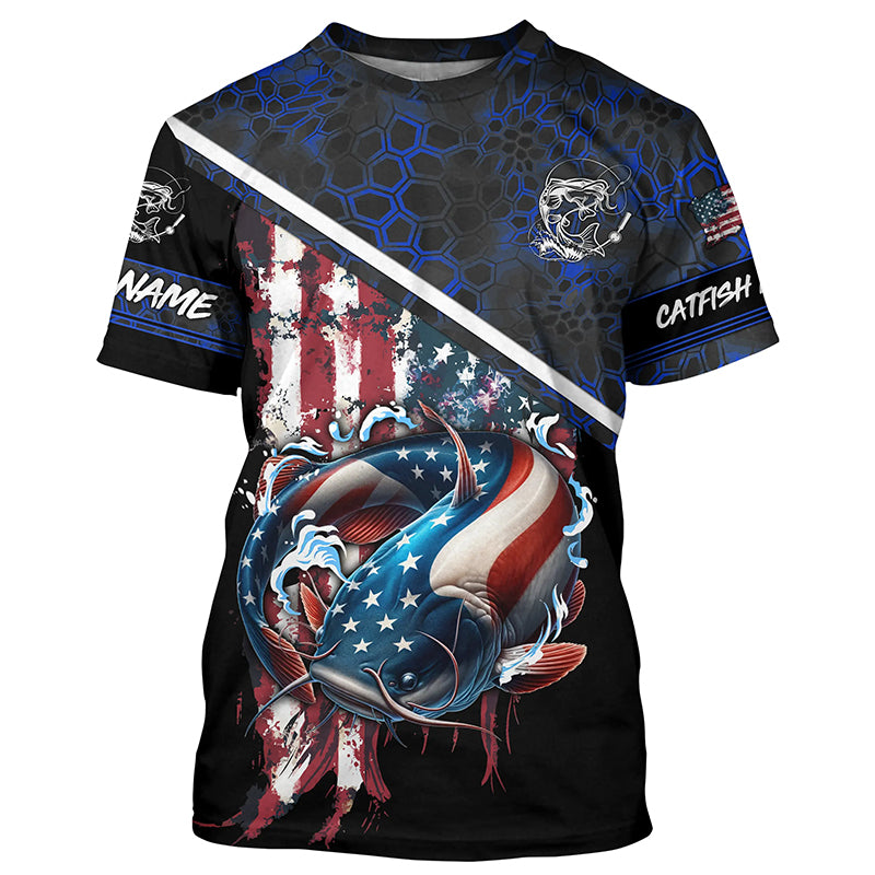American Flag catfish fishing blue camo Custom Name Fishing Shirts UV Protection NQS3642