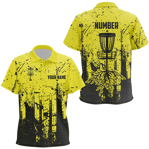 Black & yellow grunge pattern Kid Disc golf polo shirts custom disc golf jerseys, disc golf attire NQS8101