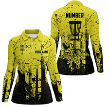 Load image into Gallery viewer, Black &amp; yellow grunge pattern Women Disc golf polo shirt custom disc golf jerseys, disc golf attire NQS8101