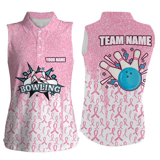 Pink glitter ribbon Women Sleeveless Polo Shirt Custom Breast Cancer Awareness bowling jerseys NQS8103