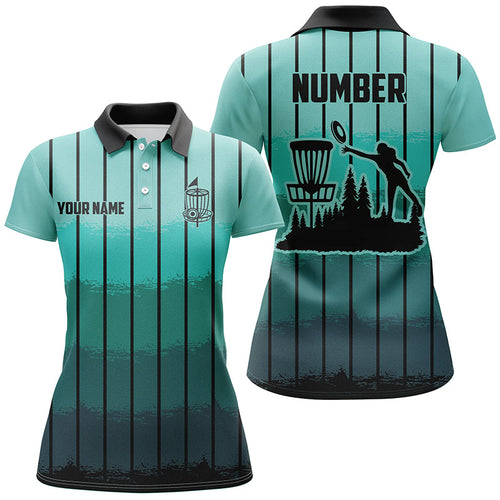 Mint Blue stripe Retro disc golf polo shirt for women custom name and number disc golf jerseys NQS8780