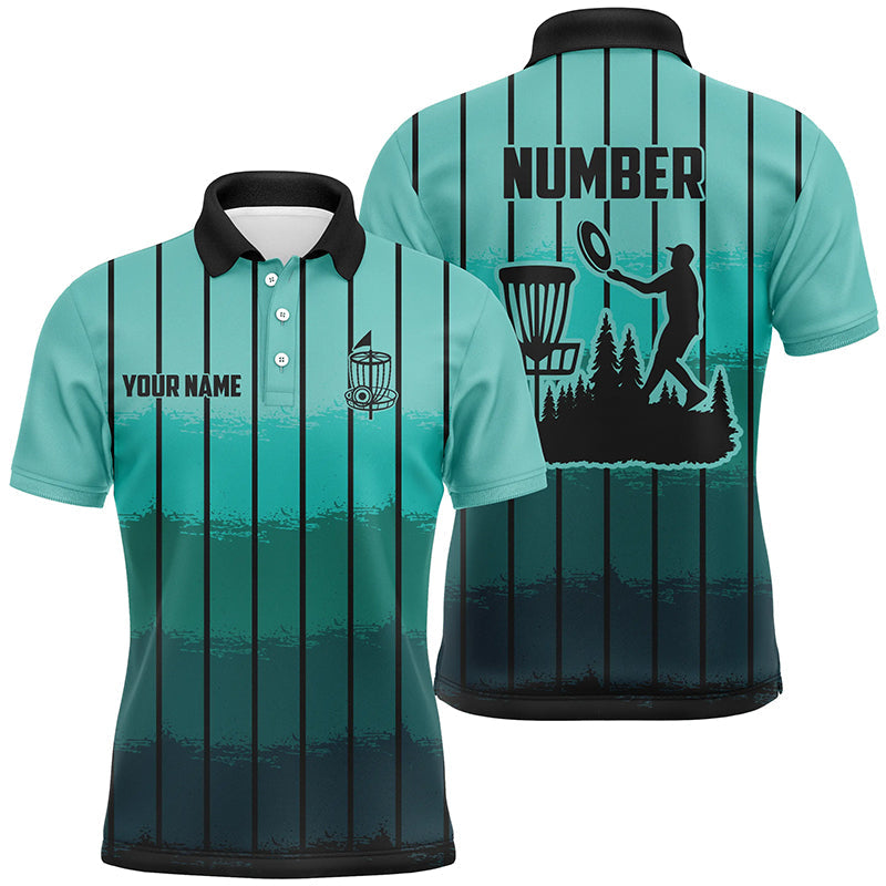 Mint Blue stripe Retro disc golf polo shirts for men custom name and number disc golf jerseys NQS8780