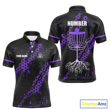 Load image into Gallery viewer, Black and Purple Hexagon Pattern Mens Disc golf polo shirts custom Team disc golf jerseys NQS10931