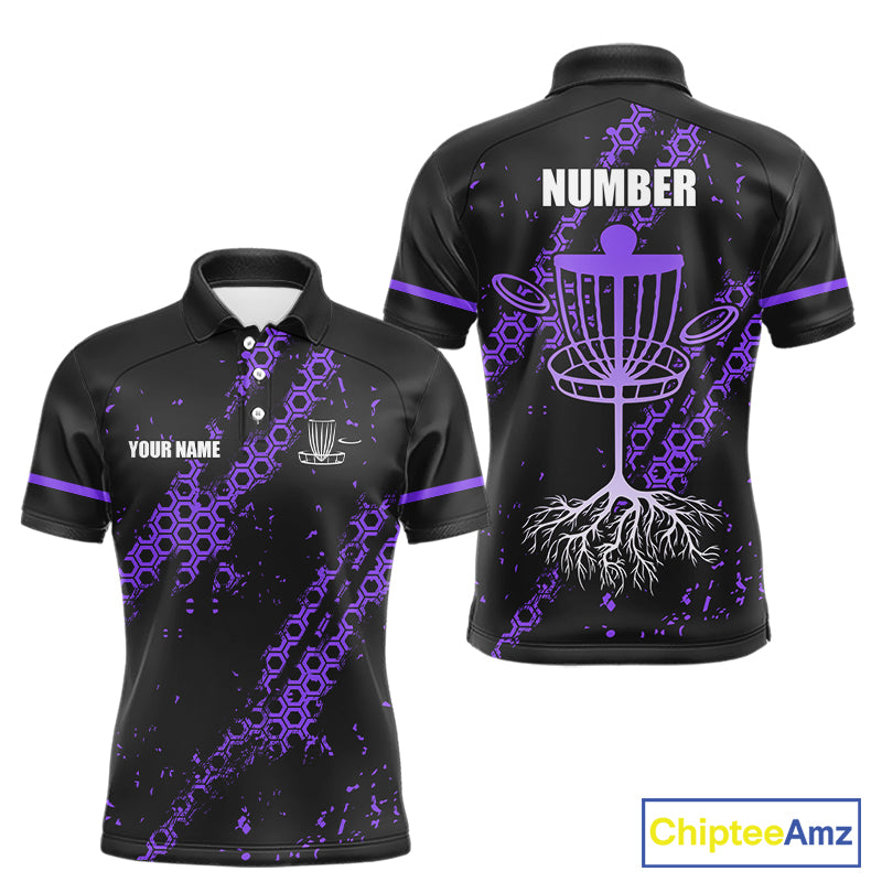 Black and Purple Hexagon Pattern Mens Disc golf polo shirts custom Team disc golf jerseys NQS10931