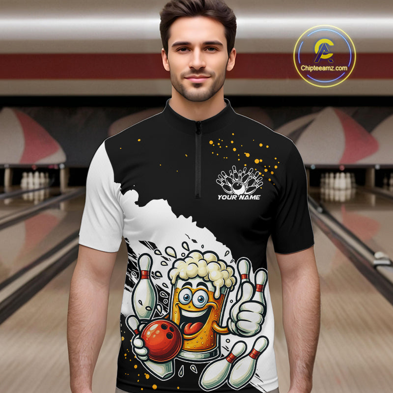Funny Beer Glass Black and White Bowling Polo, 1/4 Zip Shirts for Men Custom Bowling Team Jersey NQS10933
