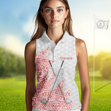 Load image into Gallery viewer, Pink glitter Leopard skin pattern custom name white sleeveless polo shirts, team ladies golf tops NQS11526