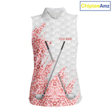 Load image into Gallery viewer, Pink glitter Leopard skin pattern custom name white sleeveless polo shirts, team ladies golf tops NQS11526