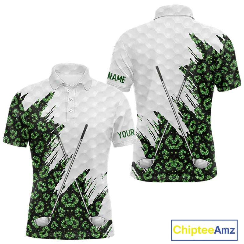 Green glitter Leopard skin pattern custom name white Mens golf polo shirts, team golf tops for men NQS11527