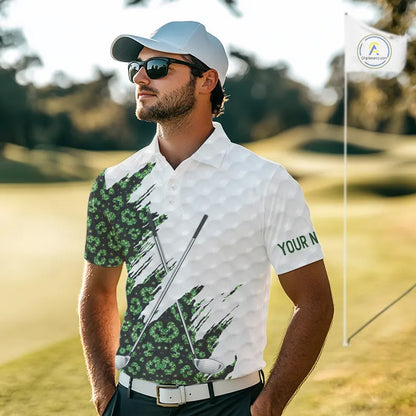 Green glitter Leopard skin pattern custom name white Mens golf polo shirts, team golf tops for men NQS11527