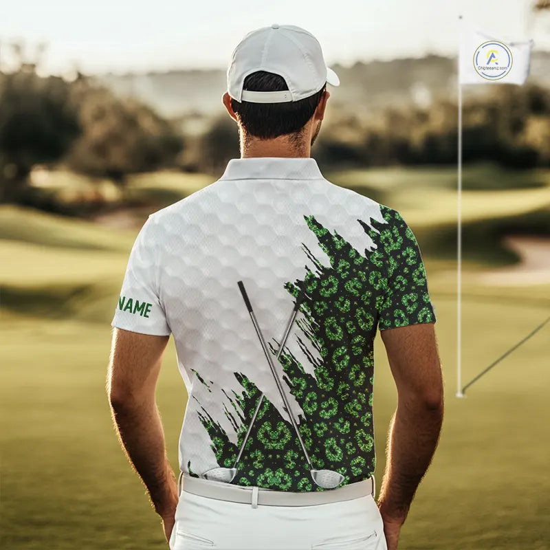 Green glitter Leopard skin pattern custom name white Mens golf polo shirts, team golf tops for men NQS11527
