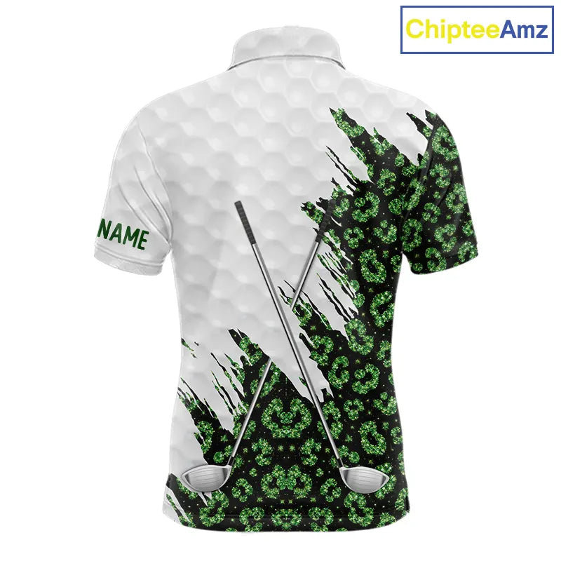 Green glitter Leopard skin pattern custom name white Mens golf polo shirts, team golf tops for men NQS11527