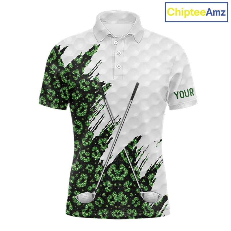 Green glitter Leopard skin pattern custom name white Mens golf polo shirts, team golf tops for men NQS11527
