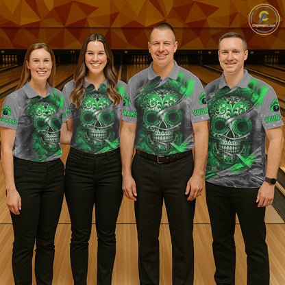 Green Sugar Skull Tattoo Custom Women Bowling Polo, Quarter Zip Shirts,Team Bowling Jerseys NQS11529
