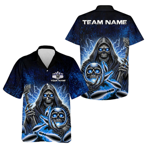 Personalized Skull Hawaiian bowling shirts Custom Team Name Lightning Thunder Bowler Jerseys | Blue NQS9747