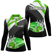 Load image into Gallery viewer, Black and Green Women&#39;s Polo Bowling Shirt Custom flame bowling ball fire Team Ladies Bowlers Jerseys NQS7525