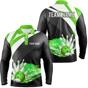 Black and Green Men bowling polo Shirt Custom flame bowling ball fire Team Bowler Jersey NQS7525