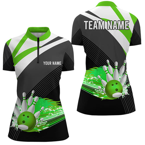 Black and Green Women's Bowling Shirt Quarter-Zip Custom flame bowling ball fire Ladies Bowler Jerseys NQS7525