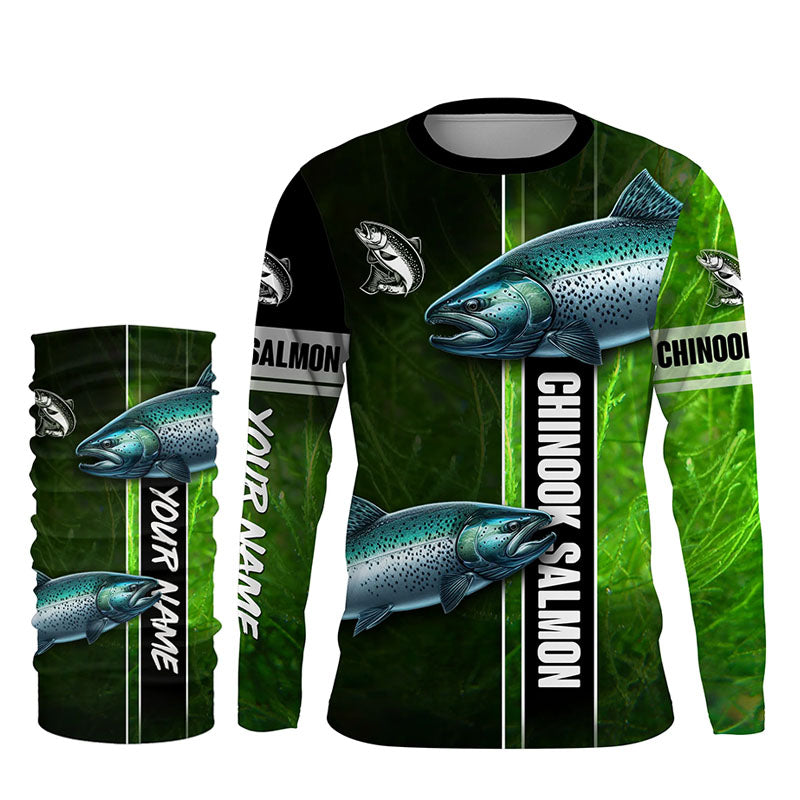 Chinook salmon fishing green camo Custom Long Sleeve Fishing Shirts, fishing gifts for men, women, kid NQS5809