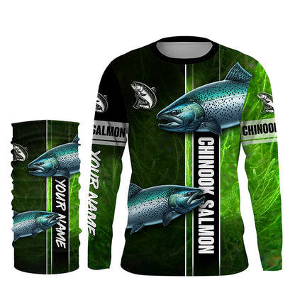 Chinook salmon fishing green camo Custom Long Sleeve Fishing Shirts, fishing gifts for men, women, kid NQS5809