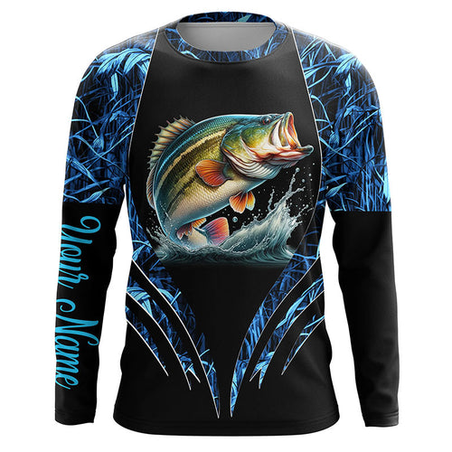 Largemouth bass fishing blue camo custom 3D All Over Printed Fishing Shirts, Bass fishing apparel NQS7898