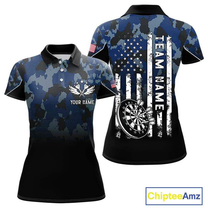 Black and Blue Camo Women Darts Shirts Custom American Flag patriotic Team Darts Jersey NQS11120