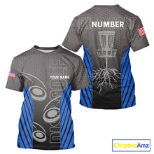 Load image into Gallery viewer, Disc golf T-Shirt custom name, number camo disc golf jersey, disc golf apparel | Blue NQS11123