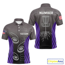 Load image into Gallery viewer, Mens disc golf polo shirt custom name, number camo disc golf jersey, mens disc golf apparel | Purple NQS11124