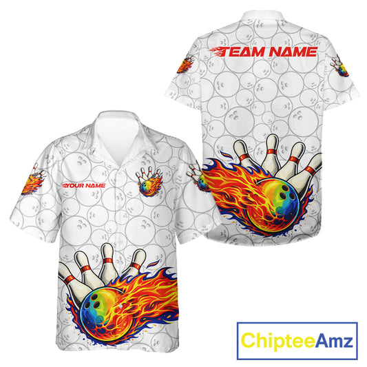Colorful rainbow flame Bowling Hawaiian Shirt Custom white camo Bowling Team jerseys NQS11319