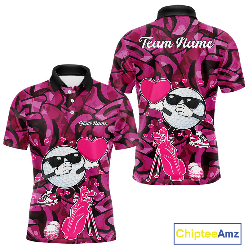 Funny Golf ball heart pink graffiti pattern Valentine Golf polo shirt for men Custom Couple Outfits NQS11323