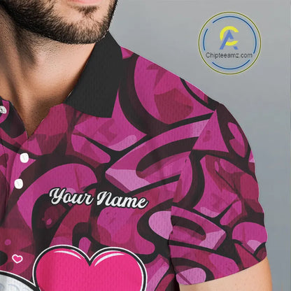 Funny Golf ball heart pink graffiti pattern Valentine Golf polo shirt for men Custom Couple Outfits NQS11323