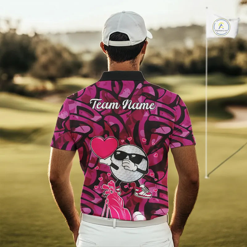 Funny Golf ball heart pink graffiti pattern Valentine Golf polo shirt for men Custom Couple Outfits NQS11323