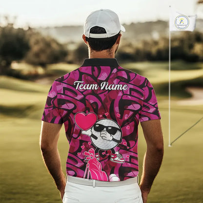 Funny Golf ball heart pink graffiti pattern Valentine Golf polo shirt for men Custom Couple Outfits NQS11323