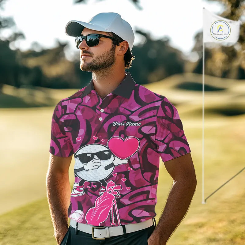 Funny Golf ball heart pink graffiti pattern Valentine Golf polo shirt for men Custom Couple Outfits NQS11323