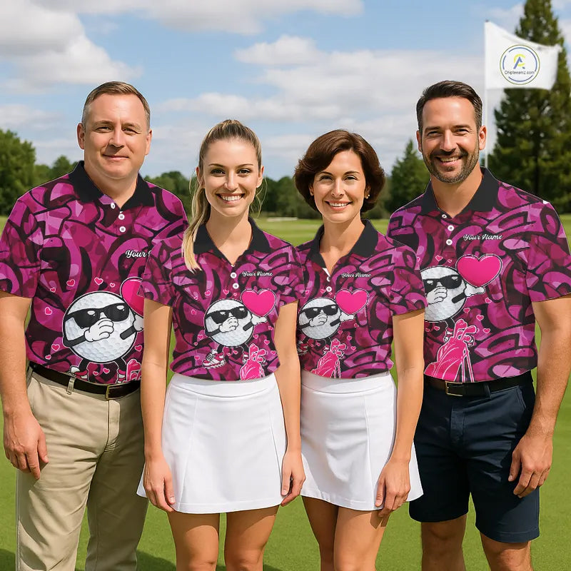 Funny Golf ball heart pink graffiti pattern Valentine Golf polo shirt for men Custom Couple Outfits NQS11323