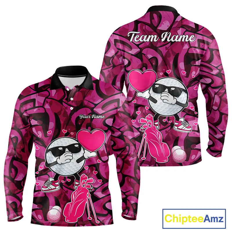 Funny Golf ball heart pink graffiti pattern Valentine Golf polo shirt for men Custom Couple Outfits NQS11323
